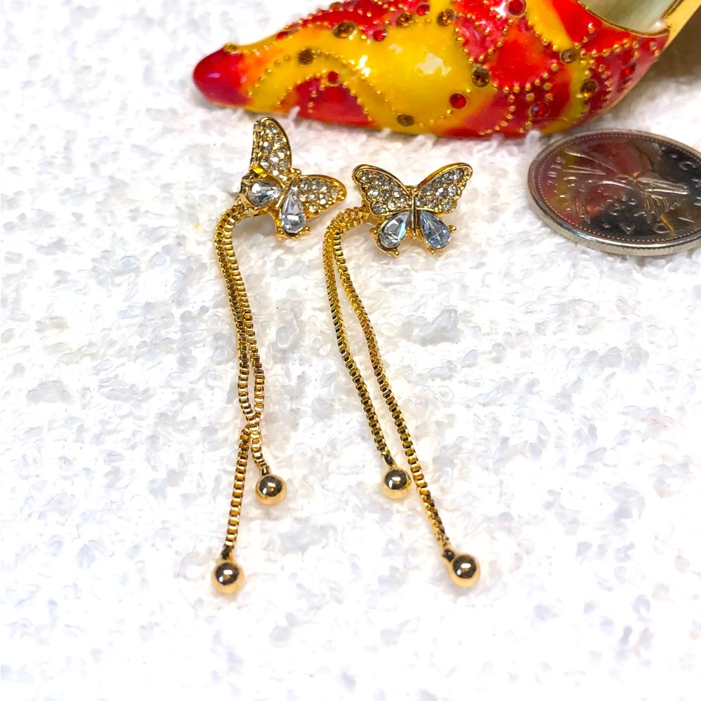 2/20
Pretty yellow gold earrings long chain dangles -BUTTERFLY